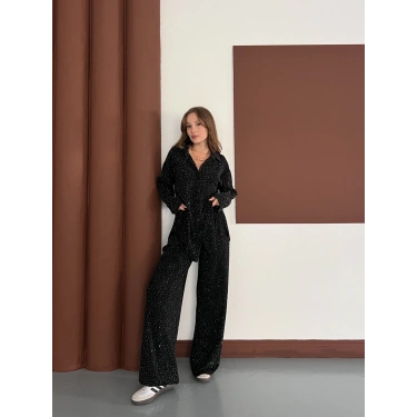 Taş Detaylı Gömlek-Pantolon Takım Siyah