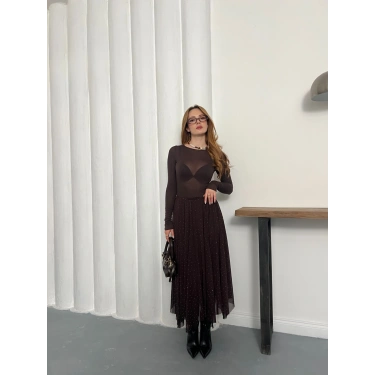 Taş Detaylı İçi Astarlı Bel Lastikli Şifon Etek Acı Kahve