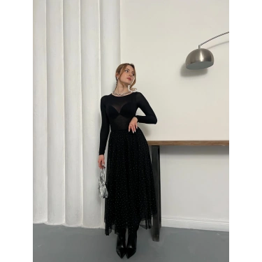 Taş Detaylı İçi Astarlı Bel Lastikli Şifon Etek Siyah