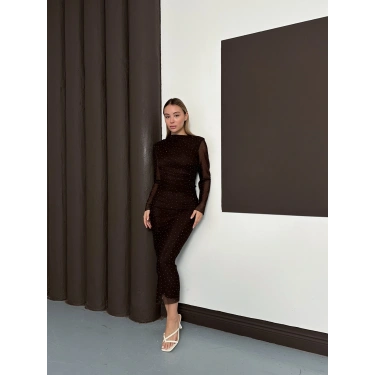 Taş Detaylı Kollar Transparan Elbise Acı Kahve