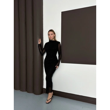 Taş Detaylı Kollar Transparan Elbise Siyah