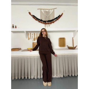 Taş Detaylı Modal Işıltılı Takım Acı Kahve