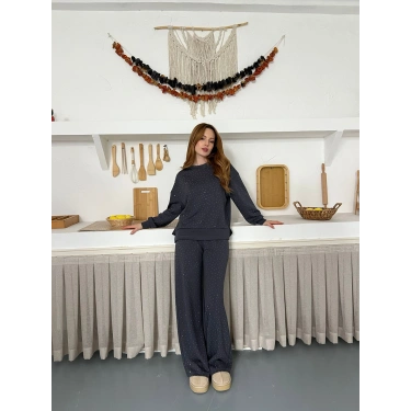 Taş Detaylı Modal Işıltılı Takım Antrasit