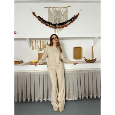 Taş Detaylı Modal Işıltılı Takım Bej