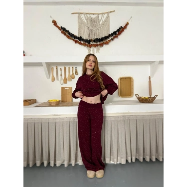 Taş Detaylı Modal Işıltılı Takım Bordo