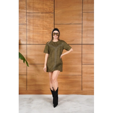 Taş Detaylı Nubuk Viral Elbise Yeşil