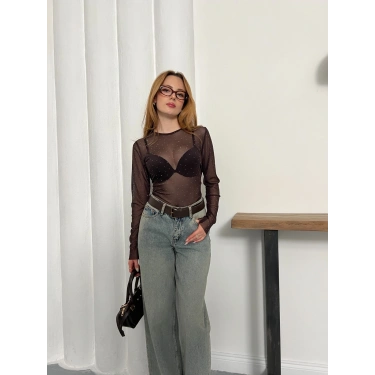 Taş Detaylı Transparan Şık Bluz Acı Kahve