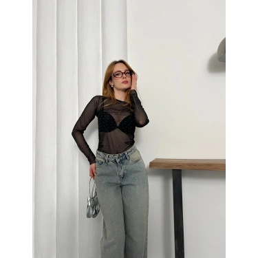 Taş Detaylı Transparan Şık Bluz Siyah