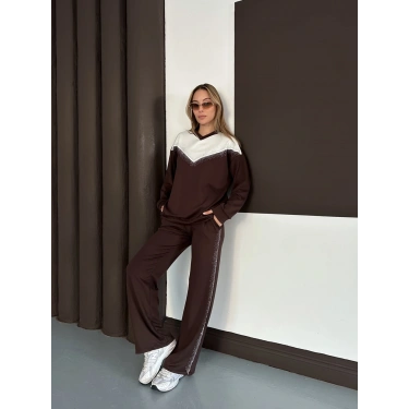 Taş Detaylı V Yaka Pantolonlu Takım Kahverengi