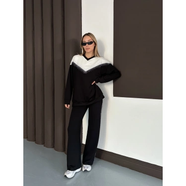 Taş Detaylı V Yaka Pantolonlu Takım Siyah