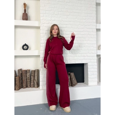 Taş/Işıltı İşlemeli Cool Casual Takım Bordo