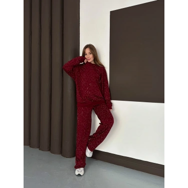 Taşlı Detaylı Modal Takım Bordo