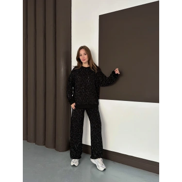 Taşlı Detaylı Modal Takım Siyah