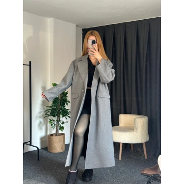 Tek Düğme Detaylı Kaşe Kaban Gri