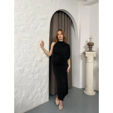 Tek Omuz Büzgü Detay Sırt Dekolte Elbise Siyah