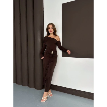 Tek Omuz Sandy Tasarım Elbise Acı Kahve