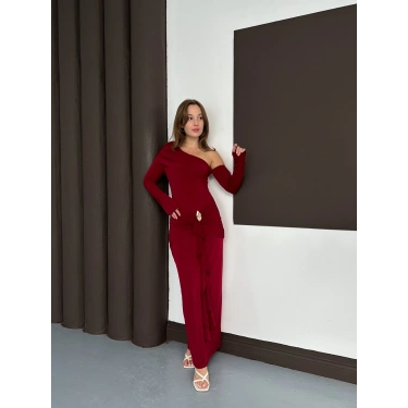 Tek Omuz Sandy Tasarım Elbise Bordo