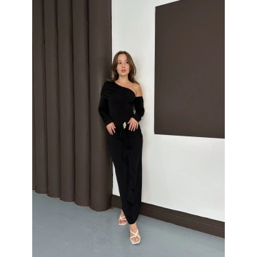 Tek Omuz Sandy Tasarım Elbise Siyah