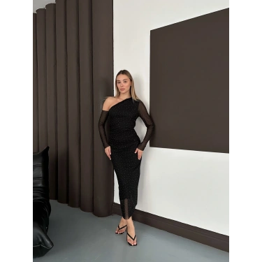 Tek Omuz Taş Detaylı Şifon Elbise Siyah