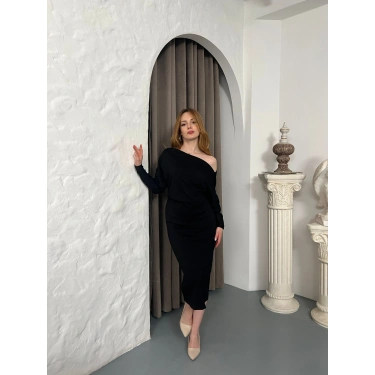 Tek Omuz Yarasa Kol Elbise Siyah