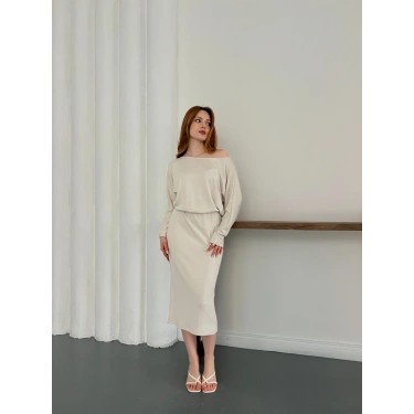 Tek Omuz Yarasa Kol Uzun Kol Elbise Bej
