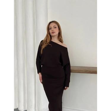 Tek Omuz Yarasa Kol Uzun Kol Elbise Kahve