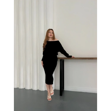 Tek Omuz Yarasa Kol Uzun Kol Elbise Siyah