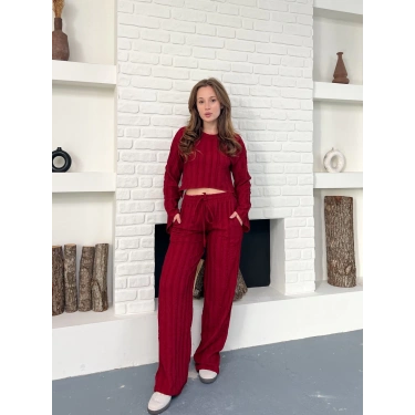 Ters Dikiş Bel Lastikli Pantolonlu Takım Bordo