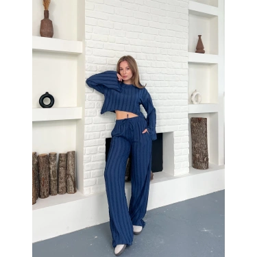 Ters Dikiş Bel Lastikli Pantolonlu Takım Lacivert