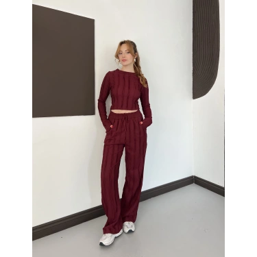 Ters Dikiş Bol Paça Pantolon-Bluz Takım Bordo