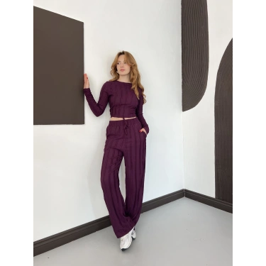 Ters Dikiş Bol Paça Pantolon-Bluz Takım Mürdüm