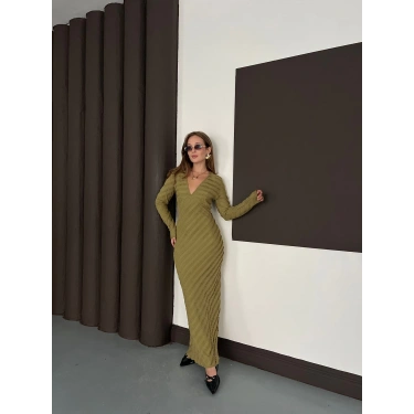 Ters Dikiş Detaylı Uzun Elbise Haki