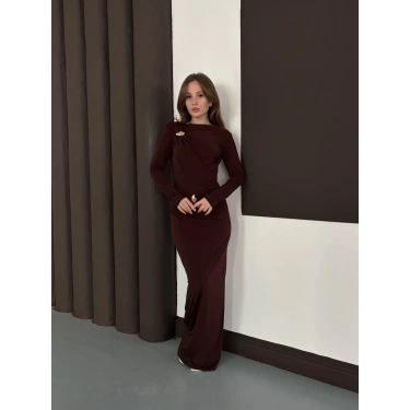 Toka Detaylı Sandy Uzun Elbise Acı Kahve