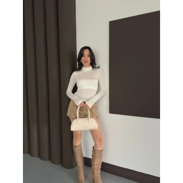 Transparan Uzun Kollu Toparlayıcı Bluz Ekru