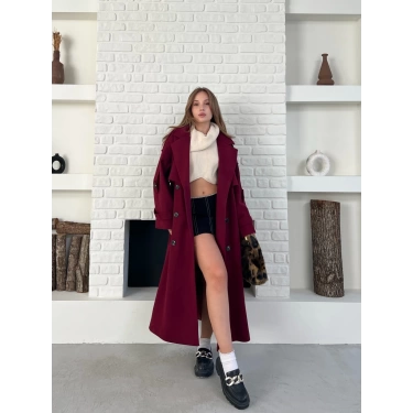 Uzun Boy Kuşak Detaylı Kaban Bordo