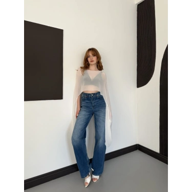 Uzunkol Crop Tül Bluz Beyaz