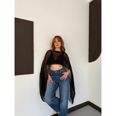 Uzunkol Crop Tül Bluz Siyah