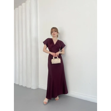 V Yaka Pileli Saten Midi Elbise Mürdüm