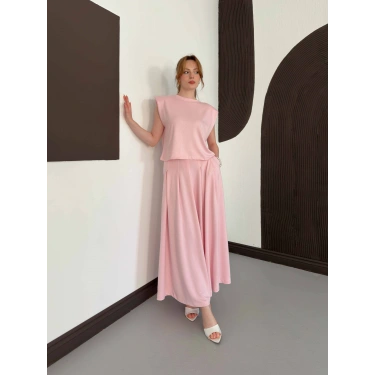 Vatkalı Bluz Piliseli Etek Takım Pembe