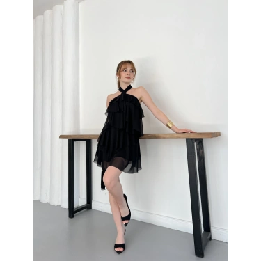 Volanlı Astarlı Tül Mini Elbise Siyah