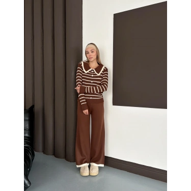 Yaka Detaylı Çizgili İkili Linda Triko Takım Kahve