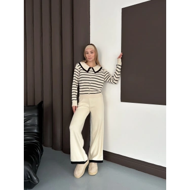 Yaka Detaylı Çizgili İkili Linda Triko Takım Krem