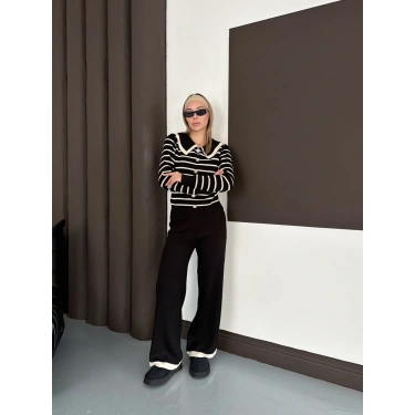 Yaka Detaylı Çizgili İkili Linda Triko Takım Siyah