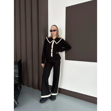Yaka Detaylı Yan Şeritli Triko Takım Siyah