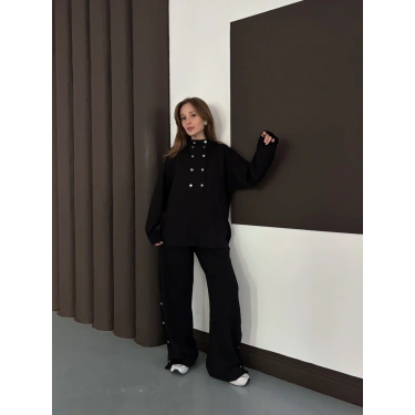 Yaka Düğme Detaylı Rahat Kesim Takım Siyah