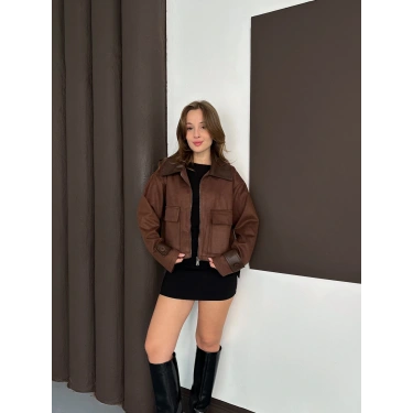 Yaka Kol Detaylı Cepli Nubuk Ceket Acı Kahve