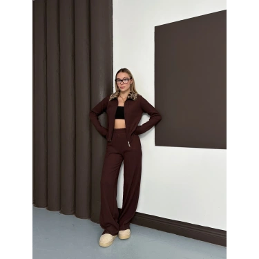 Yaka Leopar Peluş Detay Modal Takım Kahve