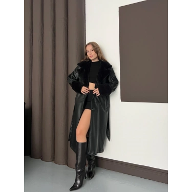 Yaka Peluş Detaylı Kuşaklı Deri Uzun Ceket Siyah