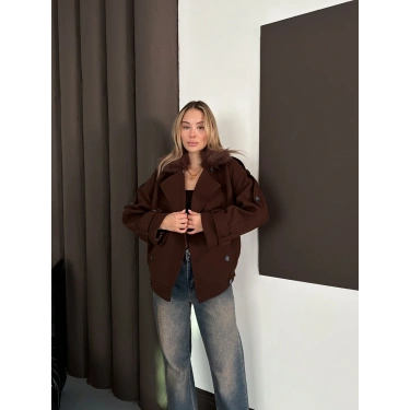 Yaka Peluş Omuz Manşet Kaşe Ceket Acı Kahve