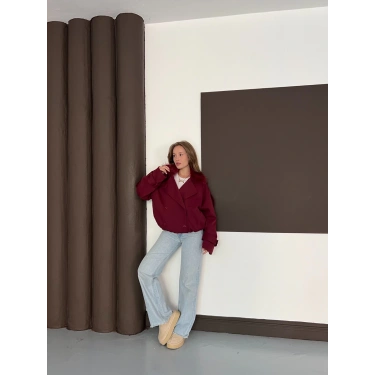 Yaka Peluşlu Bel Lastikli Tasarım Ceket Bordo